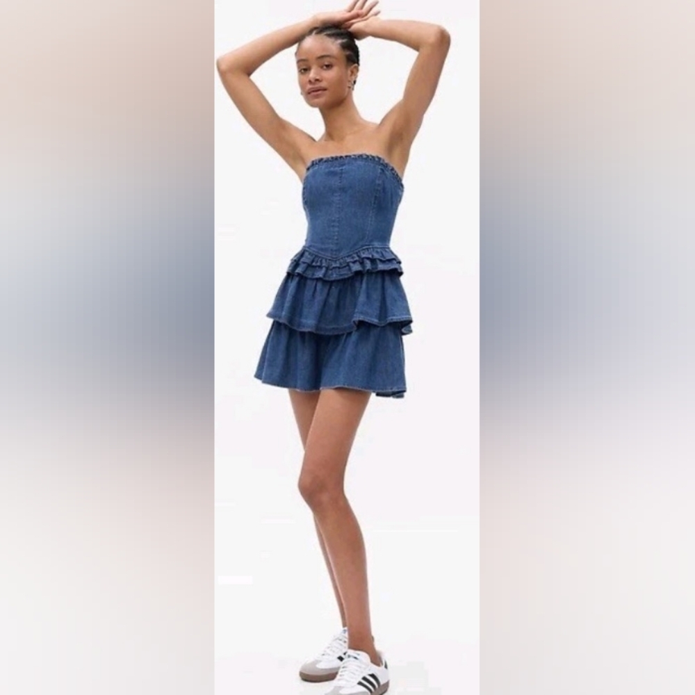 NWT Gap Love Shack Fancy Strapless Denim Ruffle Dress Preppy Coquette Rich Girl
